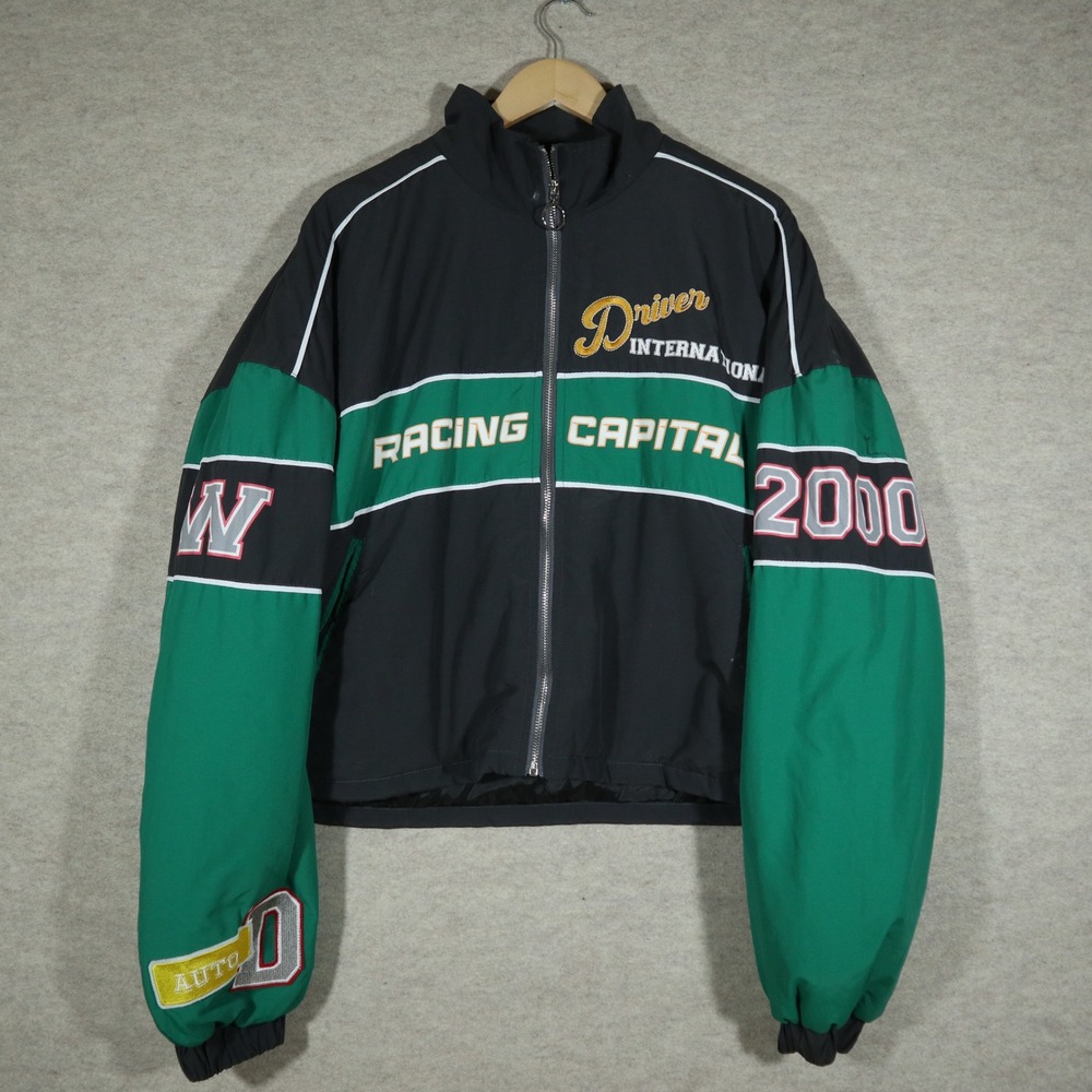 PrettyLittleThing Racing Jacket Womens Medium Black Green Y2K Indianapolis 2000